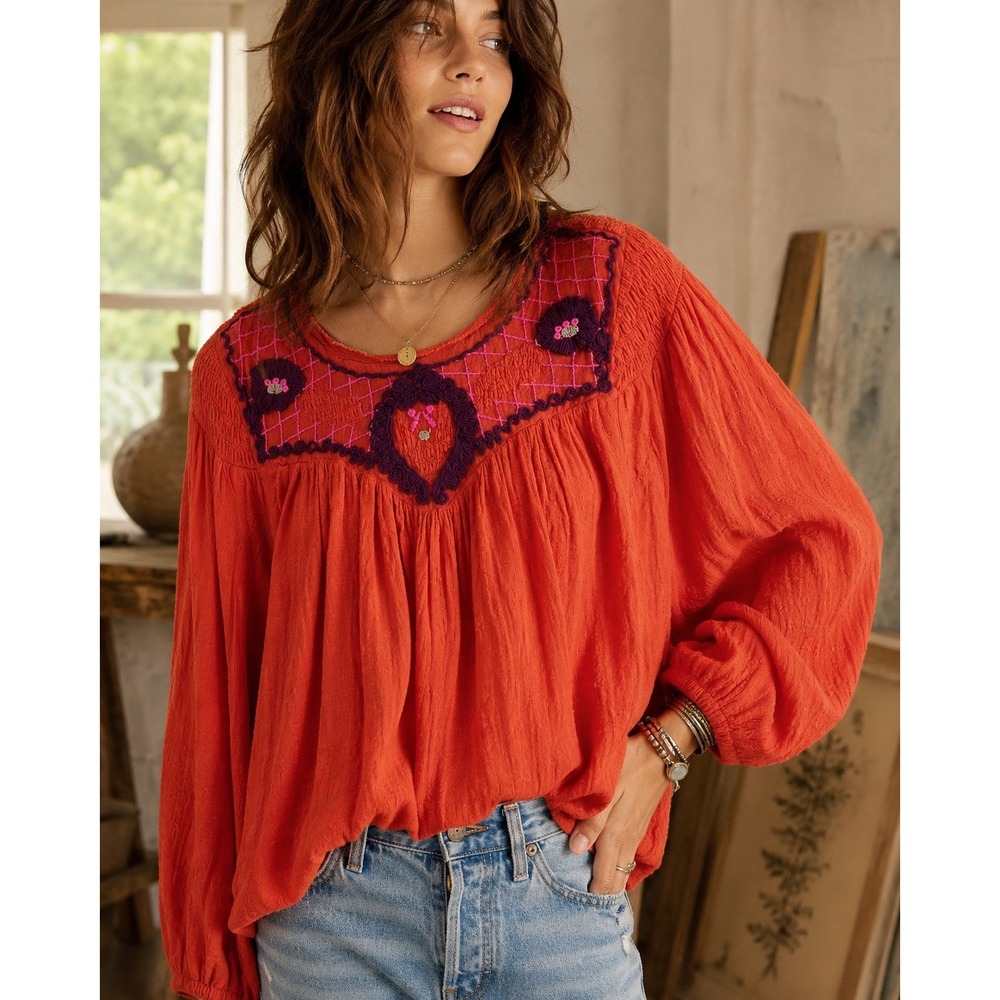 Free People Begonia Embroidered Peasant Top Boho Folk Balloon Sleeve Red S